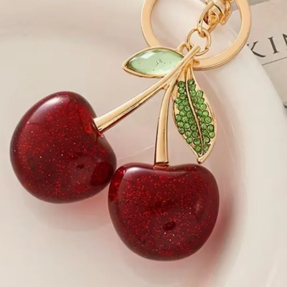 Cherry Keychain with Green Leaves & Gold - Red Accents